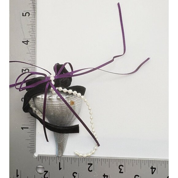 Vintage Silver Tone Conch Shell Christmas Ornament Purple Black Ribbon Accents - Picture 3 of 6